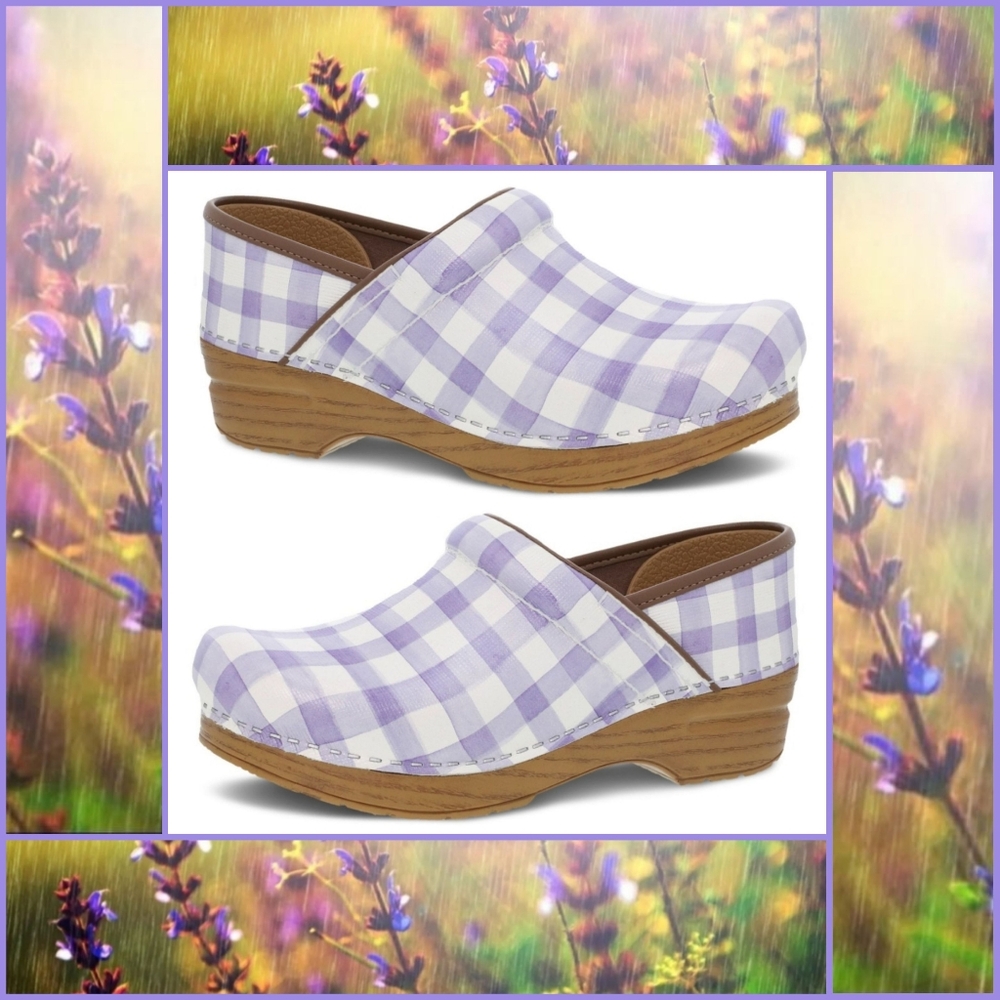 Gingham Dansko Pro Lavender Honey Plaid Checker Clogs Boho Cottage Whimsy 36 38 - Picture 2 of 11
